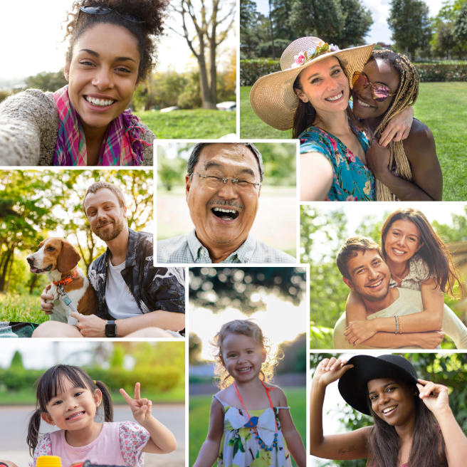 people of various ages, genders and races smiling or laughing